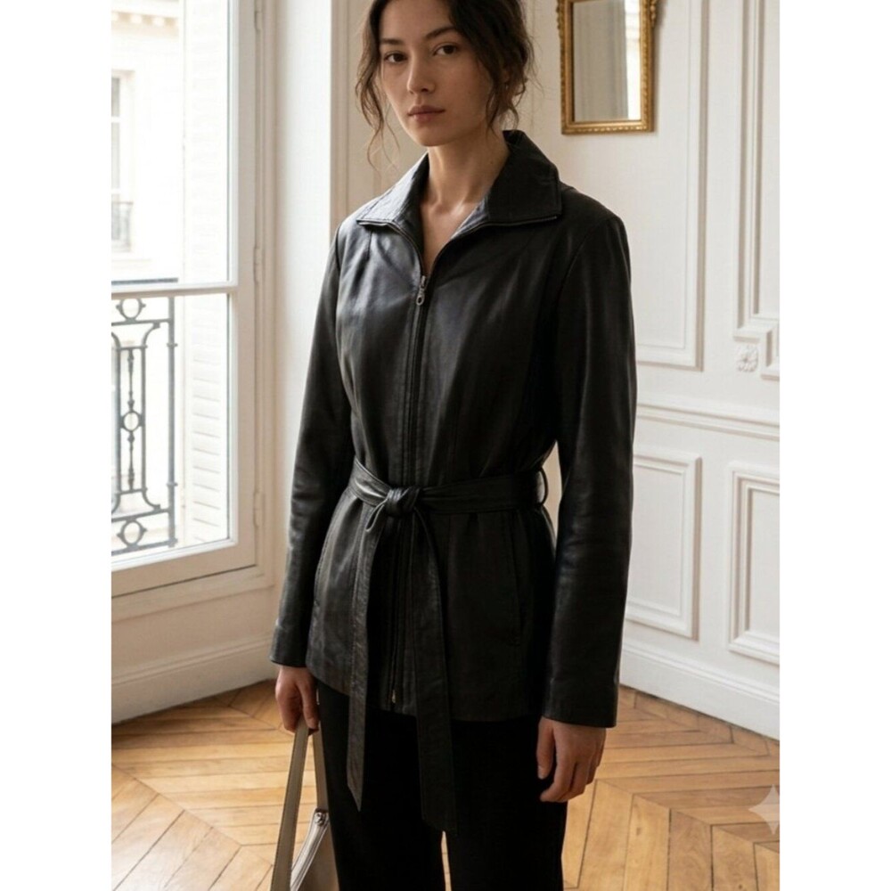 KC Collection Women’s Black Leather Belted Jacket Size Small